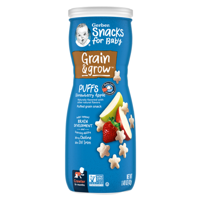 Bánh ăn dặm Gerber Puffs vị dâu, táo lon 42g (từ 8 tháng)