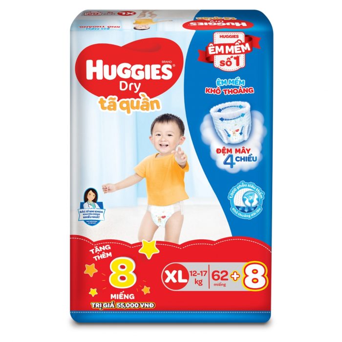 Bỉm – Tã quần Huggies size XL – 62 miếng (Cho bé 12 – 17kg)